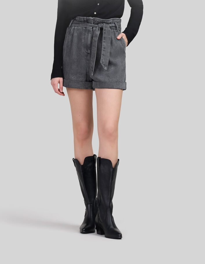 Women’s grey Lyocell® denim shorts with belt - IKKS