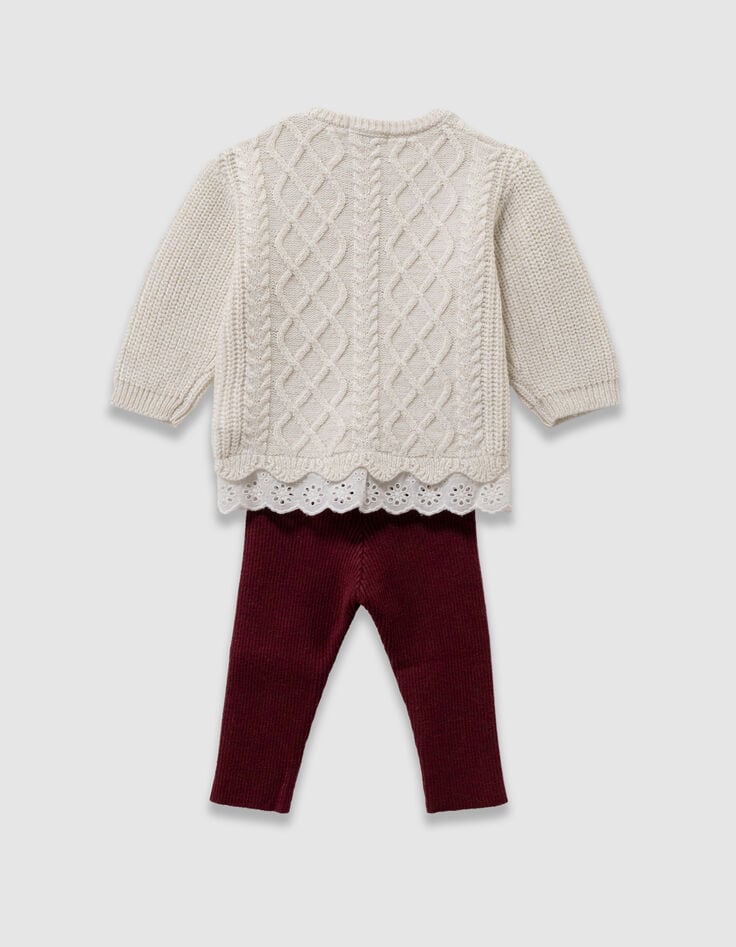 Set gebreide ecru trui en bordeaux legging babymeisjes-2