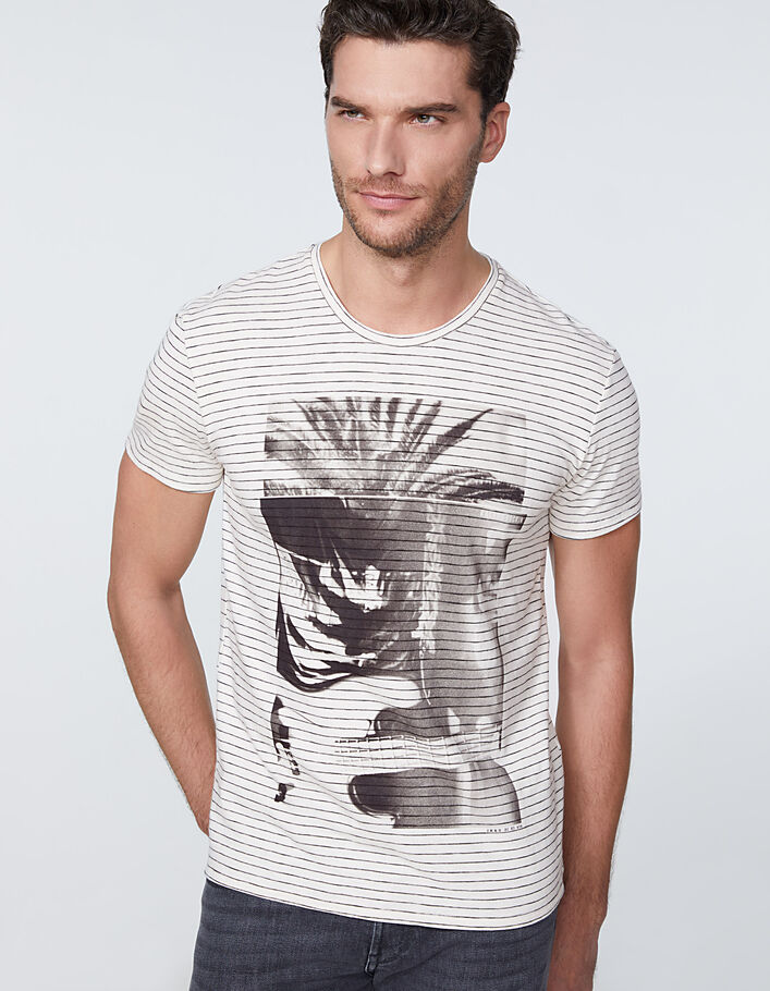 Men’s ivory striped T-shirt with guitar and palm tree