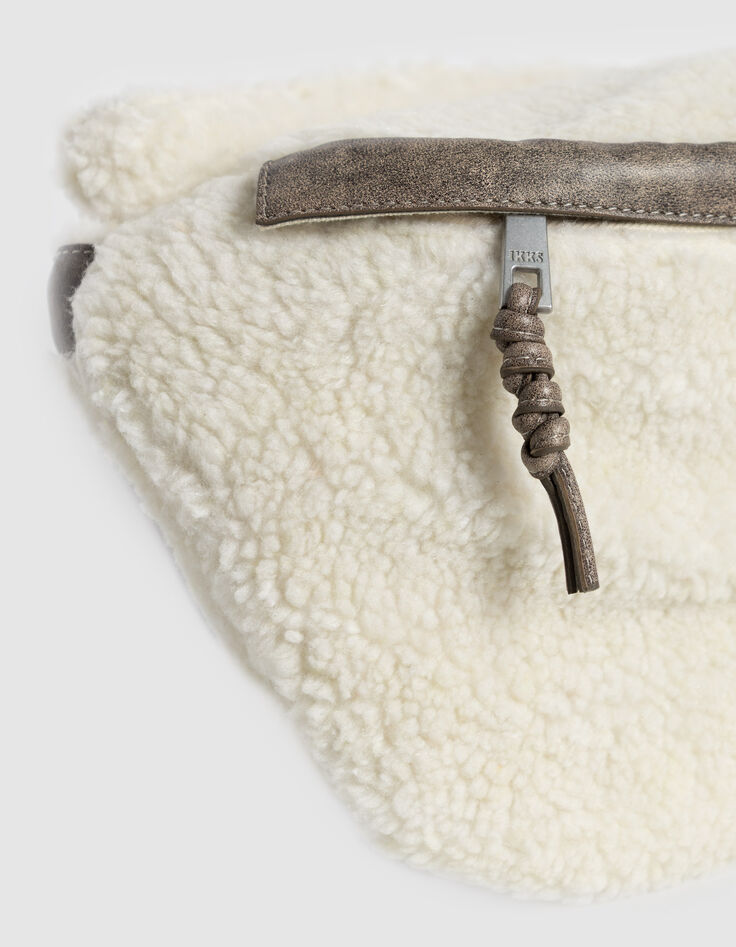 Sac banane blanc cass&eacute; mix peau lain&eacute;e et cuir Femme-7