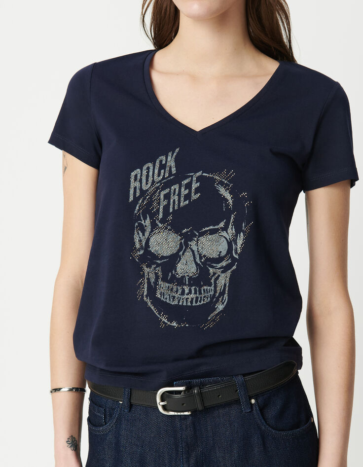 Totenkopf-T-Shirt aus Bio-Baumwolle f&uuml;r Damen, navy-4