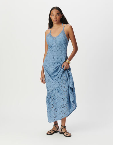 Robe longue fines bretelles bleue broderie anglaise Femme - IKKS