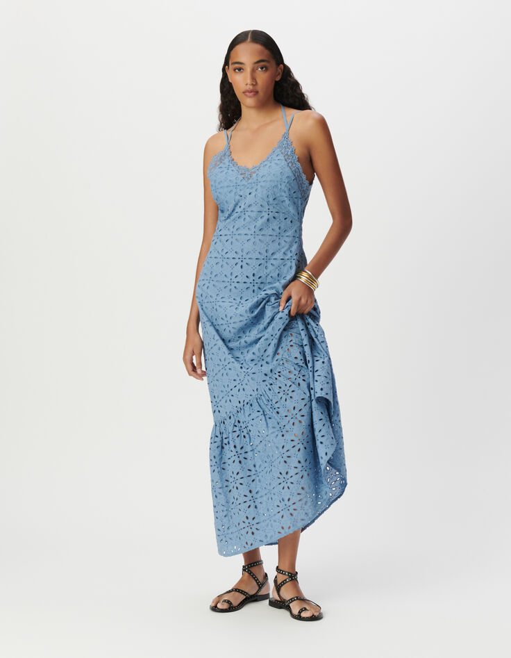 Robe longue fines bretelles bleue broderie anglaise Femme-1