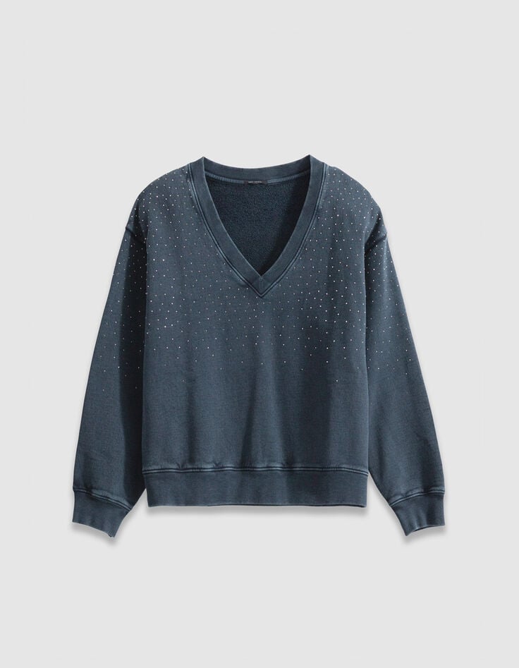 Mujer de algod&oacute;n org&aacute;nico azul marino de diamantes de imitaci&oacute;n su&eacute;ter con cuello en V-6