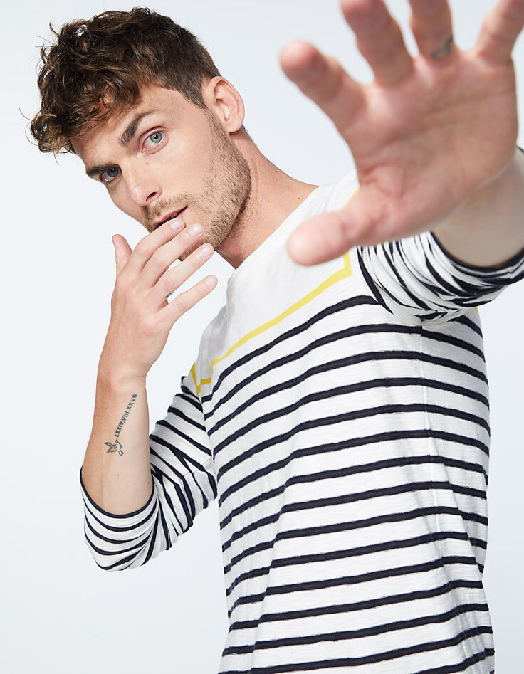 Tee-shirt marinière blanc cassé, navy et jaune Homme-1