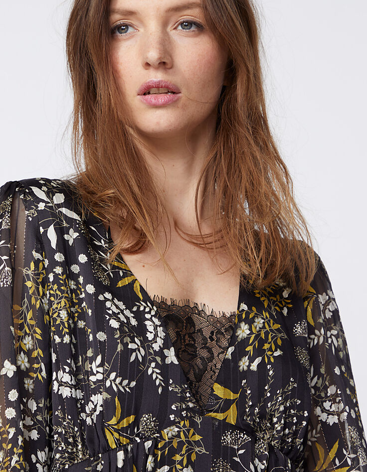 Metallic floral print voile dress with lace neckline-4