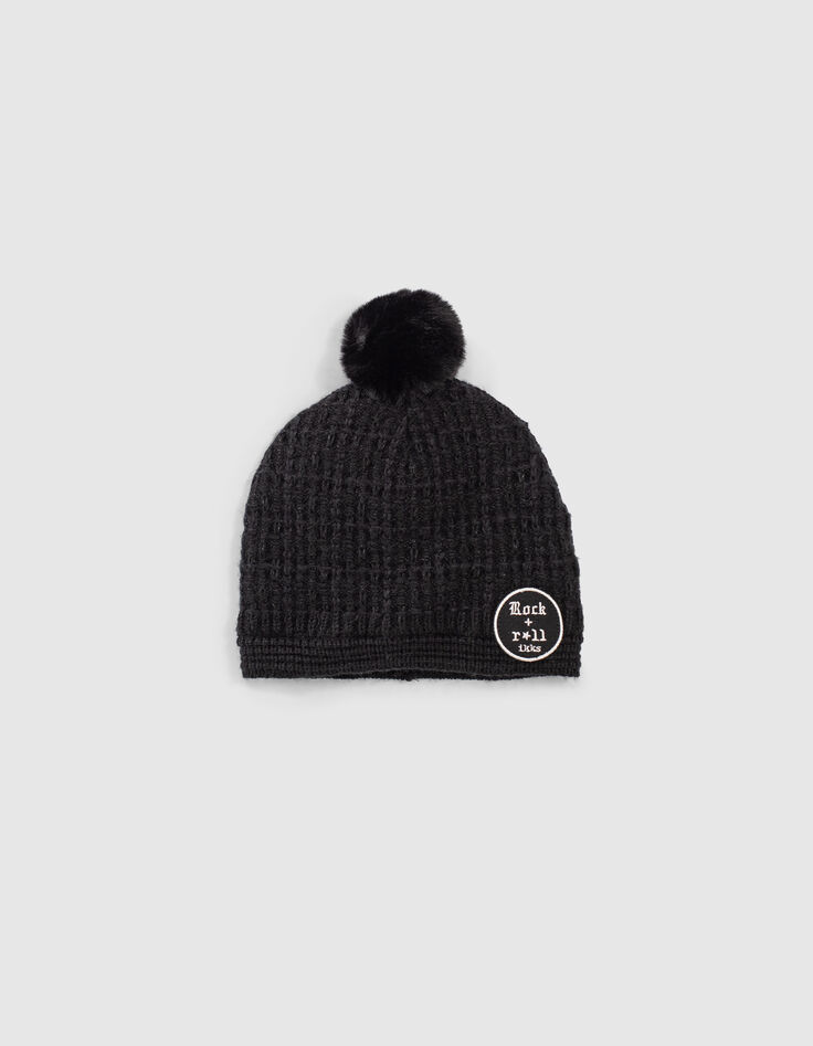 Bonnet noir tricot fantaisie fourré fille-1