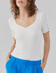 Pull blanc cassé en tricot côtelé à col carré en V Femme-5