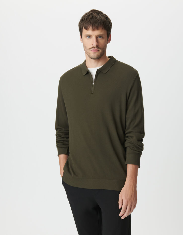 Khaki Herrenpoloshirt lange &Auml;rmel Piqu&eacute;-Strick-2