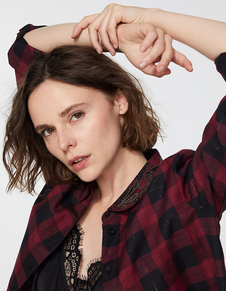 Chemise à carreaux métallisés en coton col bijoux femme-1