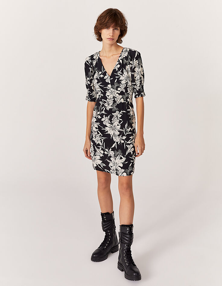 Robe courte en cr&ecirc;pe imprim&eacute; floral noir et blanc femme-6