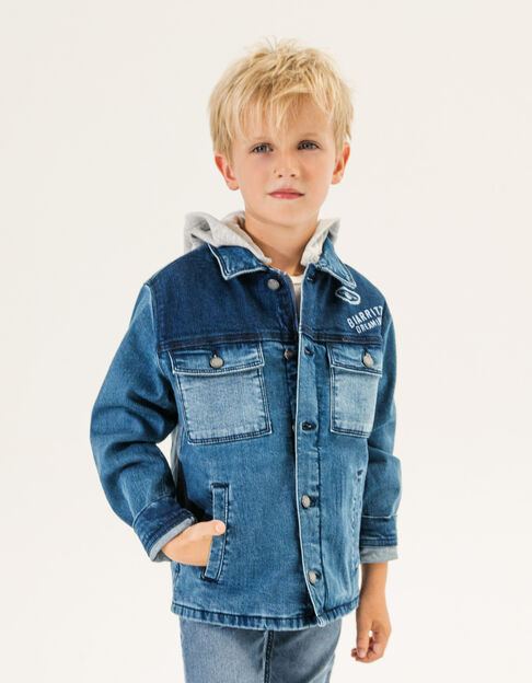 Boys’ stone blue organic denim jacket with detachable hood
