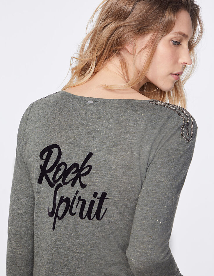 Khaki Damen-T-Shirt mit Strass und Rückenmotiv-5