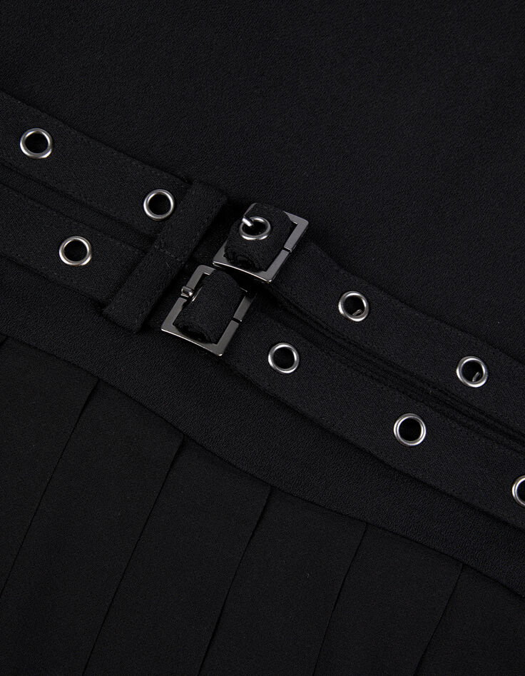 Robe courte noire pliss&eacute;e avec ceinture &agrave; &oelig;illets Femme-8