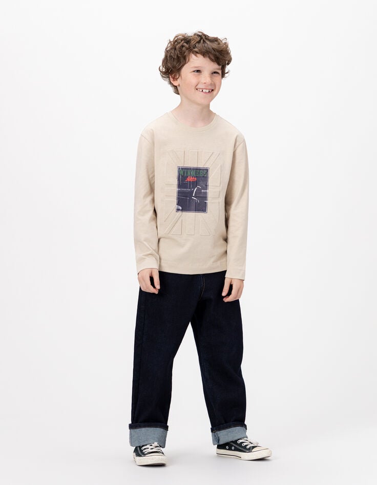 Camiseta manga larga beige bandera relieve niño-1