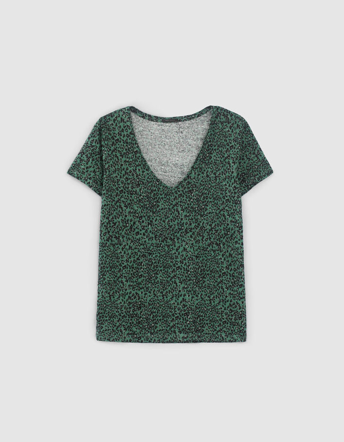 Tee-shirt vert maille lin imprimé léopard Femme - IKKS