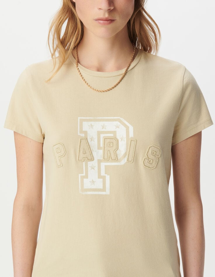 Beiges Damen-T-Shirt Schriftzug gestickte Buchstaben-4 Beiges Damen-T-Shirt Schriftzug gestickte Buchstaben-4