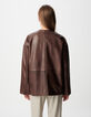 Women's brown faded leather coat with patch pockets-3
