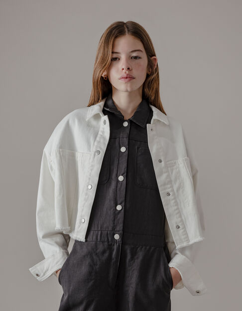 Veste en jean blanc frangé cropped fille - IKKS