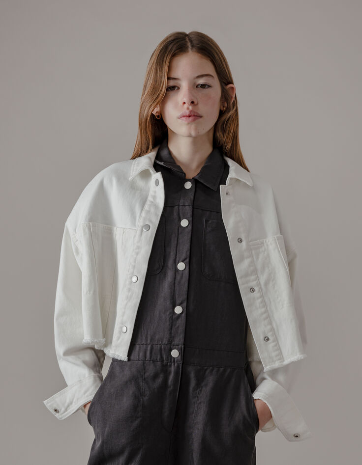 Veste en jean blanc frangé cropped fille-3