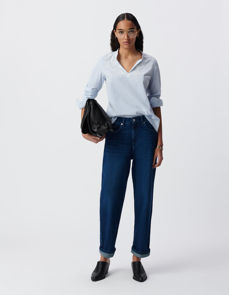 Blouse rayures bleu ciel plastron brodé-1