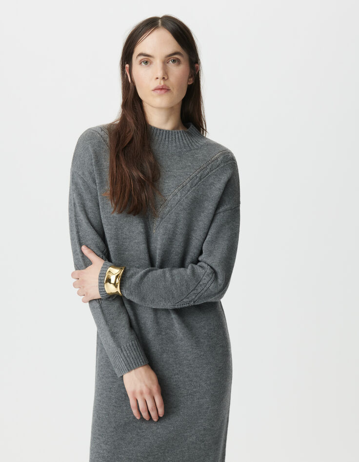 Robe pull grise tricot torsades placées Femme-5 Robe pull grise tricot torsades placées Femme-5