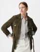 Veste saharienne kaki en cuir velours ceinturée Femme-8