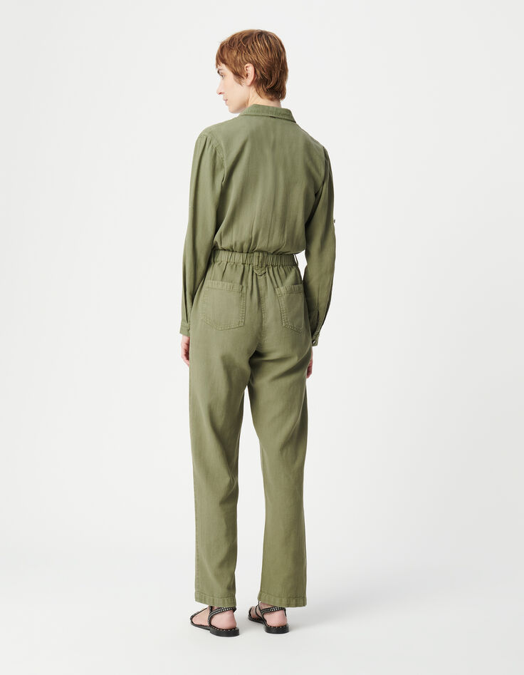 Women's elasticated waist soft khaki denim jumpsuit-2