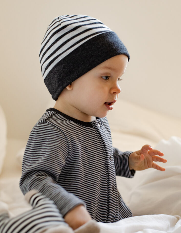 Gorro reversible gris jaspeado y rayas algodón bio bebé-6