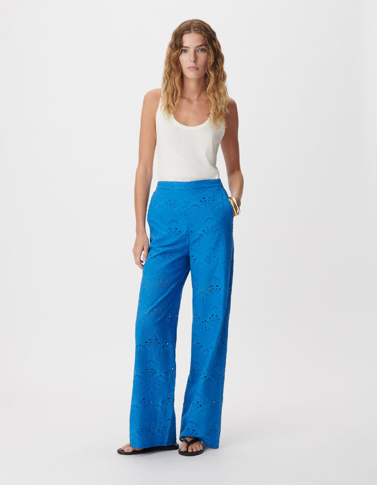 Damenhose mit weitem Bein, blau, mit Lochstickerei-1
