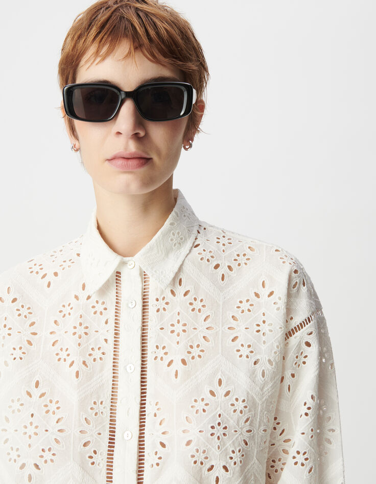 Wit opengewerkt biologisch katoenen shirt Dames-5