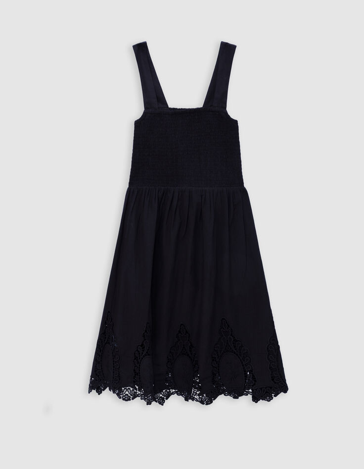 Robe noire smockée borderie dentelle Femme-5