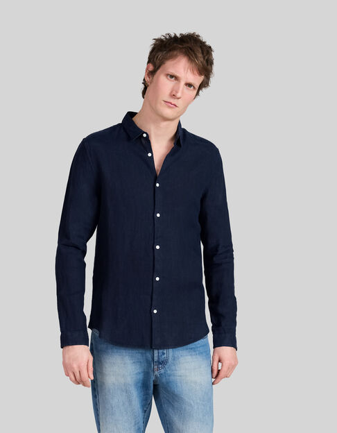 Camisa SLIM azul marino 100 % lino hombre - IKKS