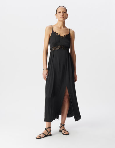 Robe longue noire satinée détails dentelle Femme - IKKS