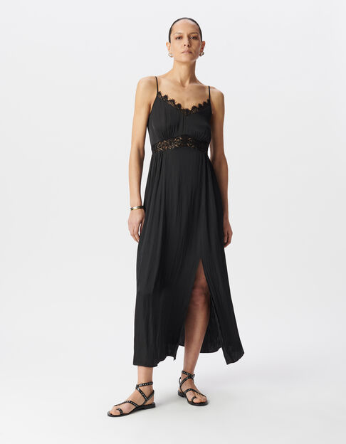 Women's satin black long dress with lace details - IKKS