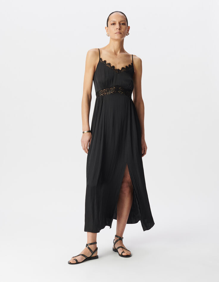 Robe longue noire satinée détails dentelle Femme-1