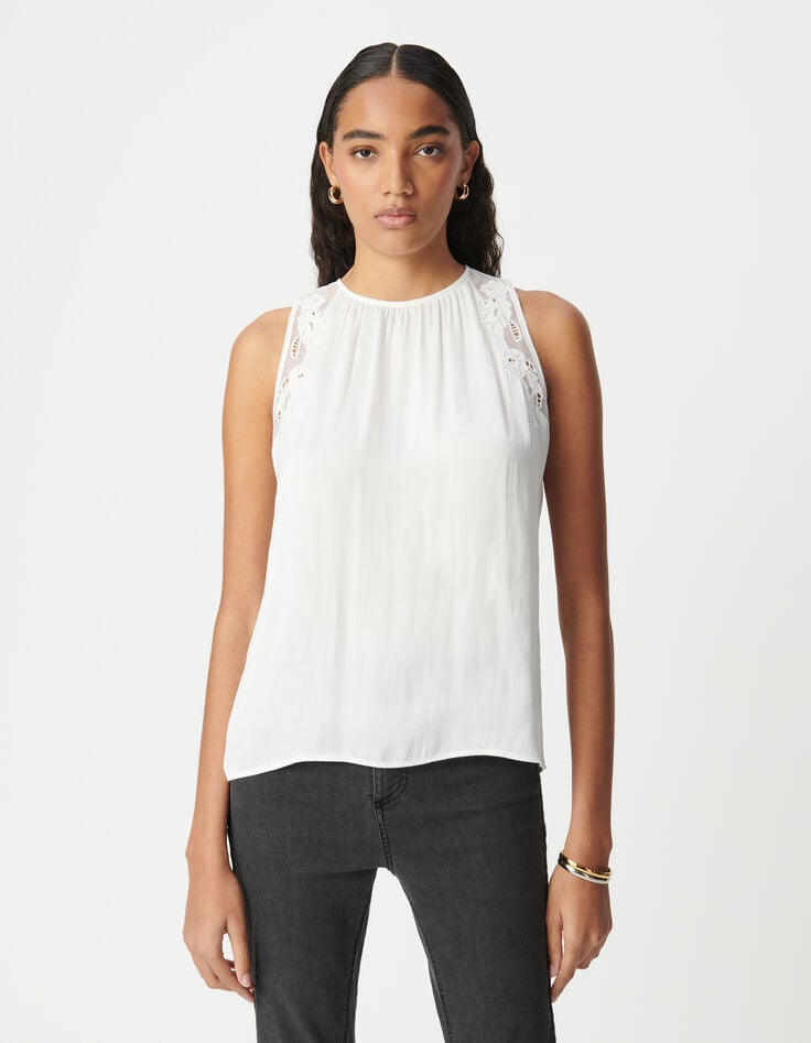 Witte top met kreukeffect en kant Dames-2