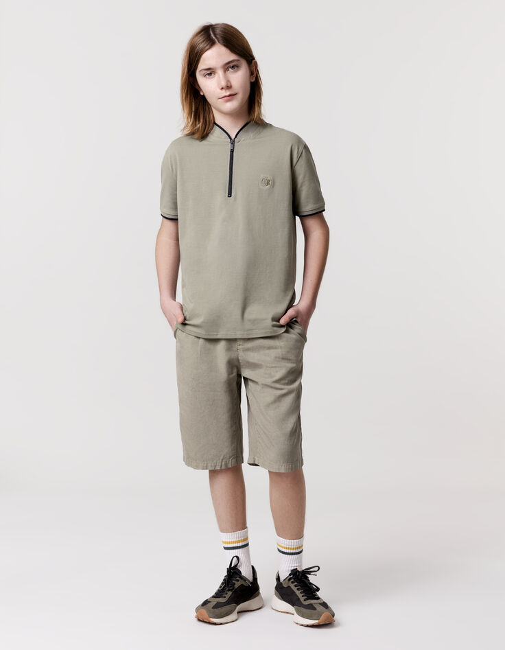 Polo kaki coton bio col zippé garçon-1