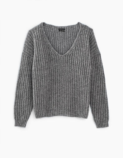 Grauer Damenflauschstrickpullover mit V-Ausschnitt - IKKS