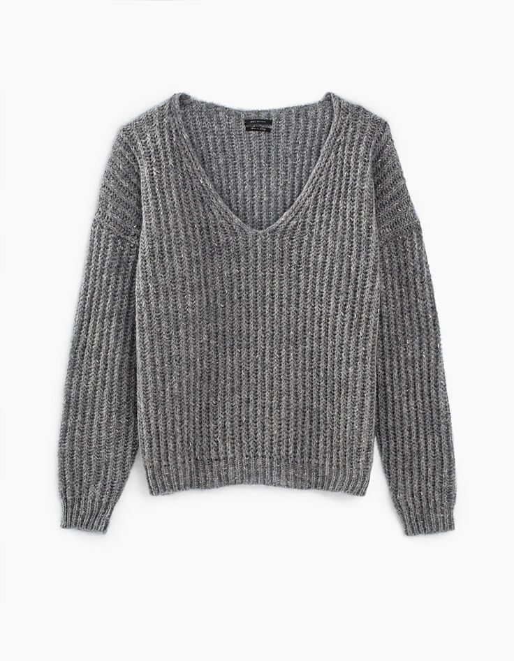 Grauer Damenflauschstrickpullover mit V-Ausschnitt-1
