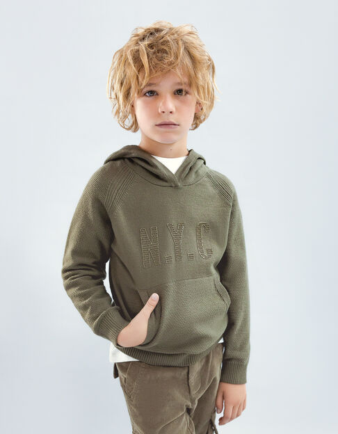 Boys’ khaki knit sweater with rubber letter slogan