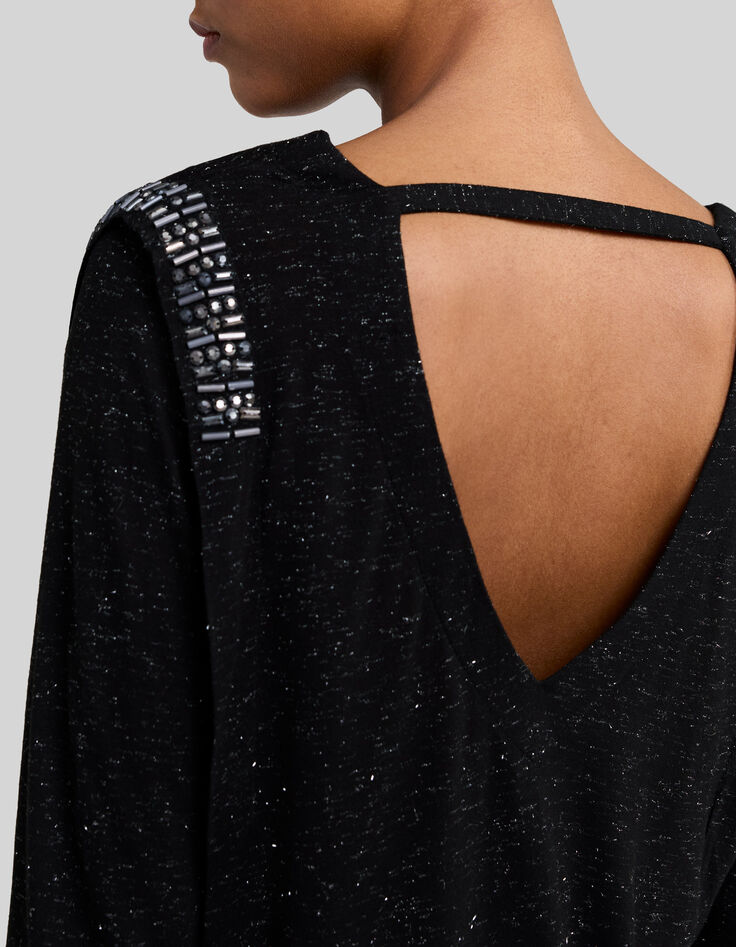 Camiseta de mujer de viscosa negra con cuello en V y pedrería-7