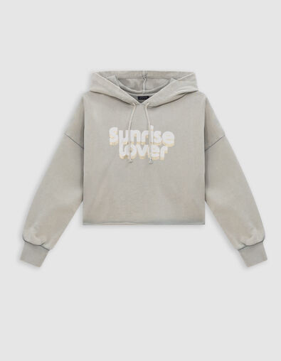 Sweat vert cropped &agrave; capuche message paillet&eacute; fille - IKKS