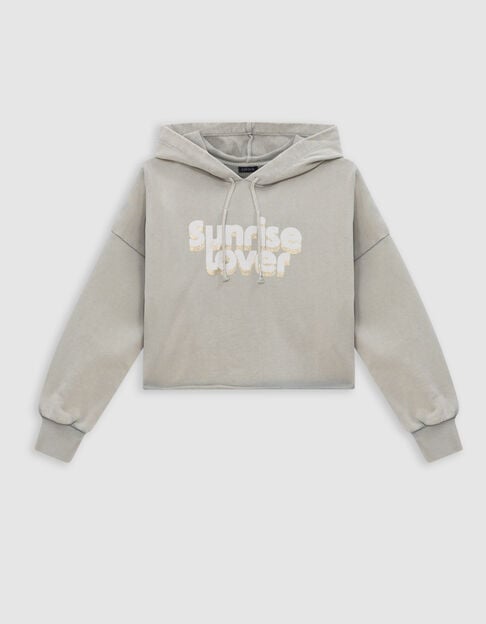 Sweat vert cropped &agrave; capuche message paillet&eacute; fille - IKKS