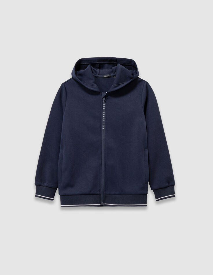 Boys’ navy zipped hooded cardigan with zip lettering-1