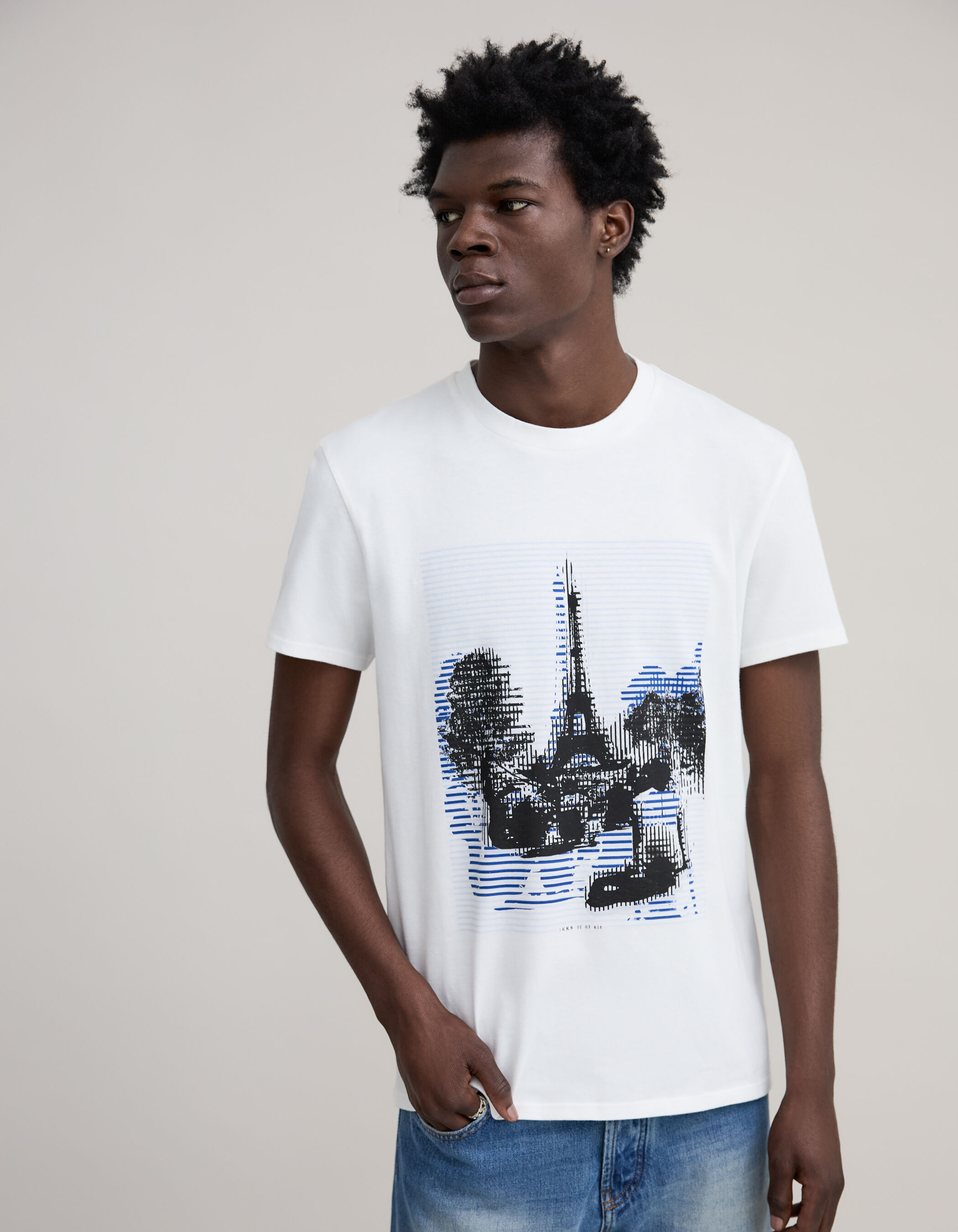 Men s white organic cotton Eiffel Tower T shirt IKKS