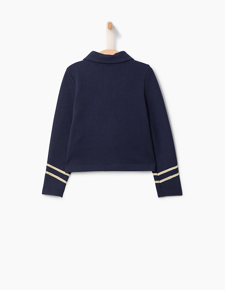 Cardigan bleu à col chemise et galons dorés fille-2