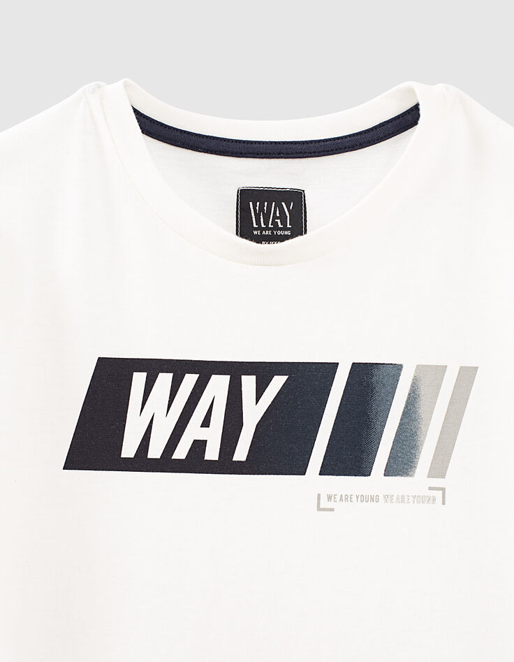 Weißes Jungen-T-Shirt mit marineblau gestreiften Ärmeln-2 Weißes Jungen-T-Shirt mit marineblau gestreiften Ärmeln-2