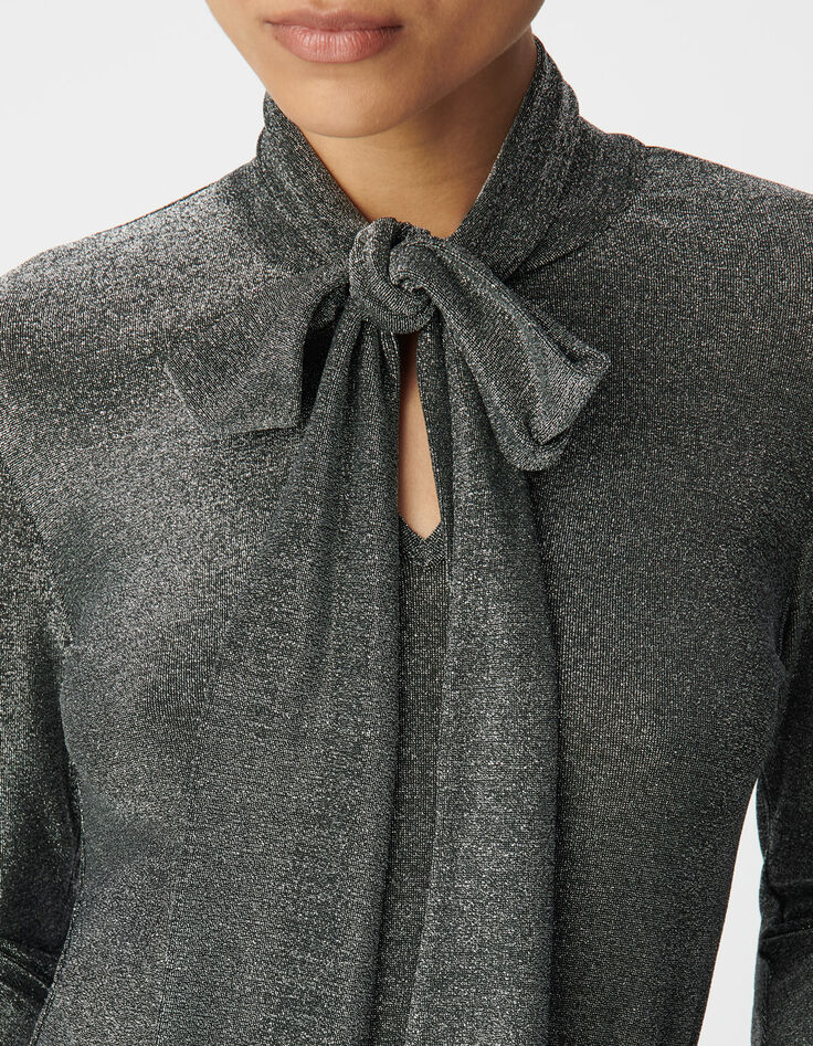 Women’s silver lurex knit T-shirt with neck tie-4