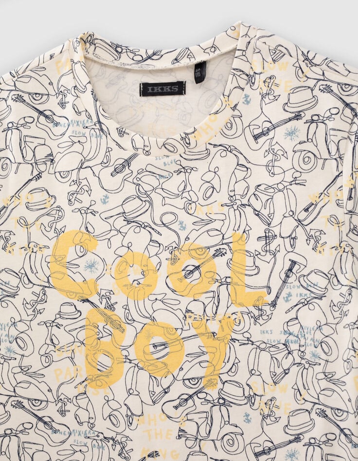 Ecru T-shirt biokatoen all-over lijntekeningen jongens-4